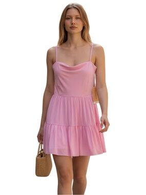 Logilates Light Pink Spaghetti-Strap Tiered Mini Dress